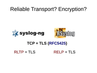 Reliable Transport? Encryption?
TCP + TLS (RFC5425)
RLTP + TLS RELP + TLS
 