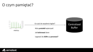 O czym pamiętać?
metrics
Centralized
Buffer
Co użyć do wysyłania logów?
Który protokół wykorzystć
Jak buforować dane
Logować do JSON czy parsować?
 