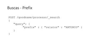 Buscas - Prefix
POST /goodname/processo/_search
{
"query": {
"prefix" : { "relator" : "ANTONIO" }
}
}
 