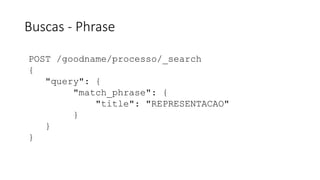 Buscas - Phrase
POST /goodname/processo/_search
{
"query": {
"match_phrase": {
"title": "REPRESENTACAO"
}
}
}
 