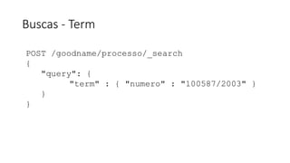 Buscas - Term
POST /goodname/processo/_search
{
"query": {
"term" : { "numero" : "100587/2003" }
}
}
 