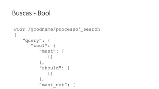 Buscas - Bool
POST /goodname/processo/_search
{
"query": {
"bool": {
"must": [
{}
],
"should": [
{}
],
"must_not": [
 
