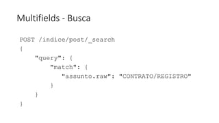 Multifields - Busca
POST /indice/post/_search
{
"query": {
"match": {
"assunto.raw": "CONTRATO/REGISTRO"
}
}
}
 