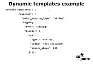 Dynamic templates example
"dynamic_templates": [ {
"strings": {
"match_mapping_type": "string",
"mapping": {
"type": "string",
"fields": {
"raw": {
"type": "string",
"index": "not_analyzed",
"ignore_above": 256
}}}}}]
 