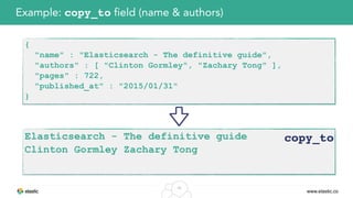 www.elastic.co
Elasticsearch - The definitive guide
Clinton Gormley Zachary Tong
36
Example: copy_to field (name & authors)
{
"name" : "Elasticsearch - The definitive guide",
"authors" : [ "Clinton Gormley", "Zachary Tong" ],
"pages" : 722,
"published_at" : "2015/01/31"
}
copy_to
 
