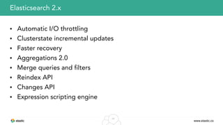 www.elastic.co
54
• Automatic I/O throttling
• Clusterstate incremental updates
• Faster recovery
• Aggregations 2.0
• Merge queries and filters
• Reindex API
• Changes API
• Expression scripting engine
Elasticsearch 2.x
 