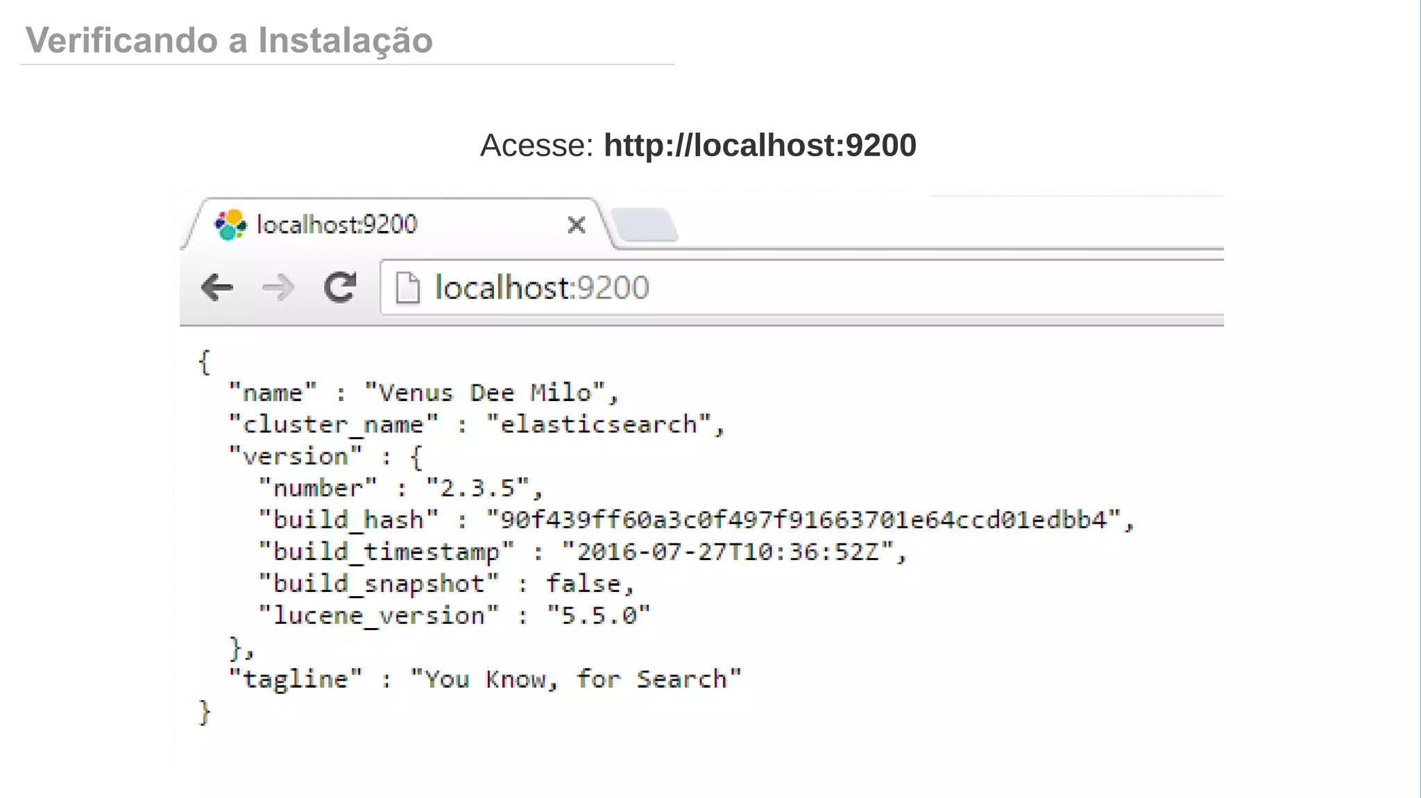 Verificando a Instalação
Acesse: http://localhost:9200
 