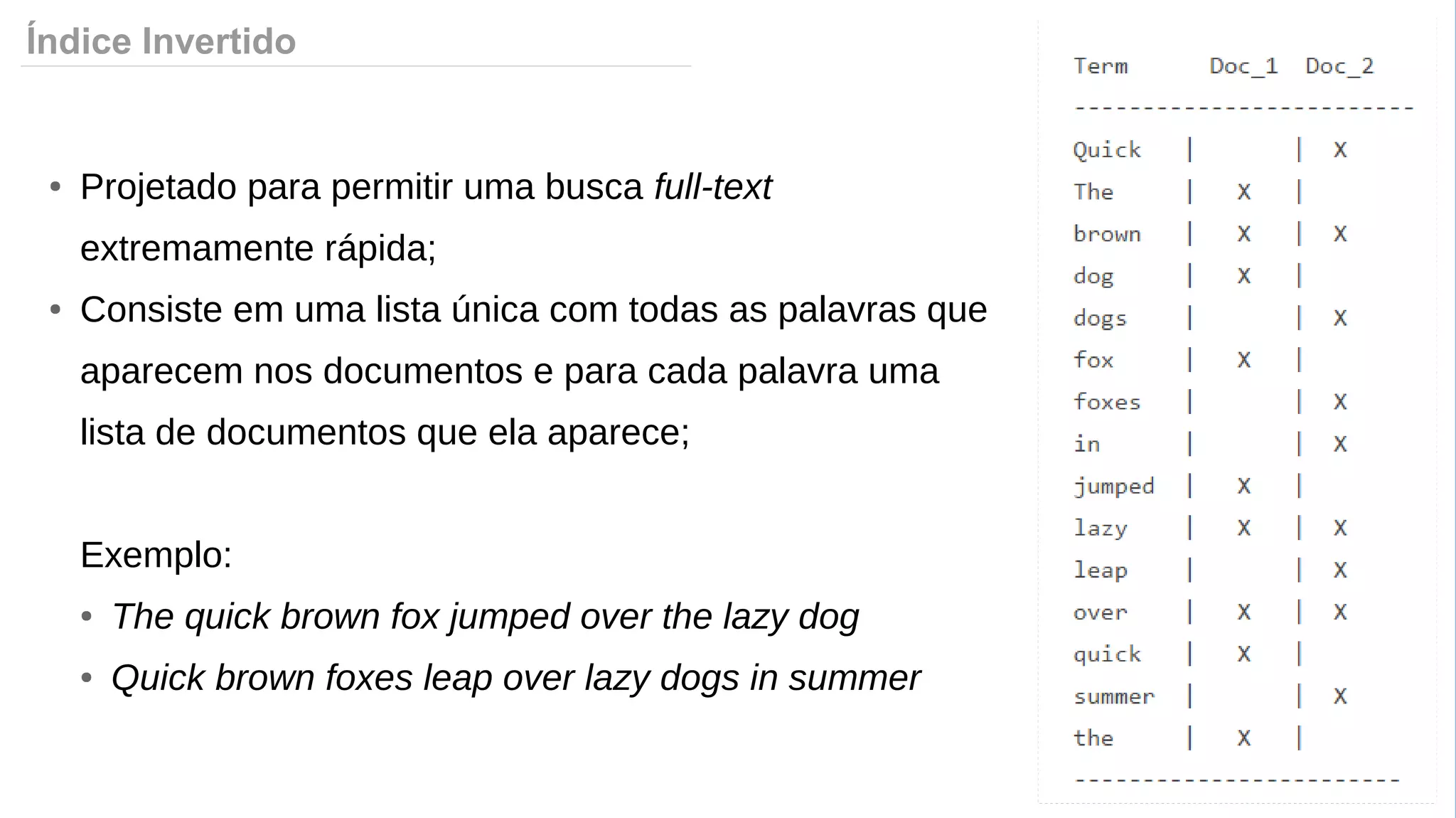 Índice Invertido
● Projetado para permitir uma busca full-text
extremamente rápida;
● Consiste em uma lista única com todas as palavras que
aparecem nos documentos e para cada palavra uma
lista de documentos que ela aparece;
Exemplo:
● The quick brown fox jumped over the lazy dog
● Quick brown foxes leap over lazy dogs in summer
 