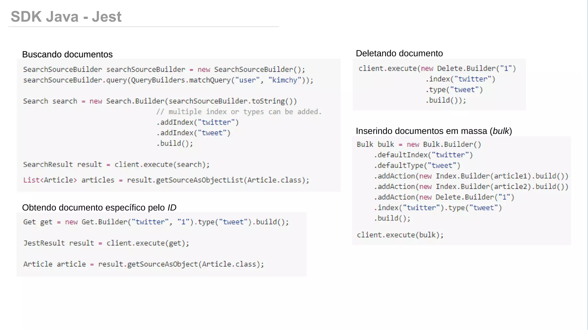 SDK Java - Jest
Buscando documentos
Obtendo documento específico pelo ID
Buscando documentos Deletando documento
Inserindo documentos em massa (bulk)
 
