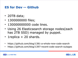 ES for Dev -- Github
• 20TB data;
• 1300000000 files;
• 130000000000 code lines.
• Using 26 Elasticsearch storage nodes(each
has 2TB SSD) managed by puppet.
• 1replica + 20 shards.
• https://github.com/blog/1381-a-whole-new-code-search
• https://github.com/blog/1397-recent-code-search-outages
 