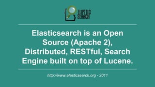 5
Elasticsearch is an Open
Source (Apache 2),
Distributed, RESTful, Search
Engine built on top of Lucene.
http://www.elasticsearch.org - 2011
 