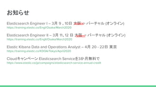 ֪餻
Elasticsearch Engineer I C 3 9 10  -> Щ` (饤)
https://training.elastic.co/EngI/Osaka/March2020
Elasticsearch Engineer II C 3 1112   -> Щ` (饤)
https://training.elastic.co/EngII/Osaka/March2020
Elastic Kibana Data and Operations Analyst C 4 20 - 22 |
https://training.elastic.co/KDOA/Tokyo/April2020
Cloudک` Elasticsearch Service3oϤ
https://www.elastic.co/jp/campaigns/elasticsearch-service-annual-credit
 