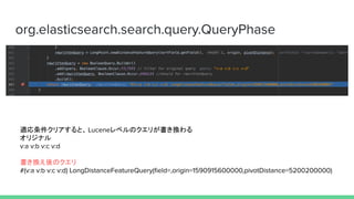 org.elasticsearch.search.query.QueryPhase
mꥢȡ Lucene٥Υ꤬Q
ꥸʥ
v:a v:b v:c v:d
QΥ
#(v:a v:b v:c v:d) LongDistanceFeatureQuery(?eld=,origin=1590915600000,pivotDistance=5200200000)
 