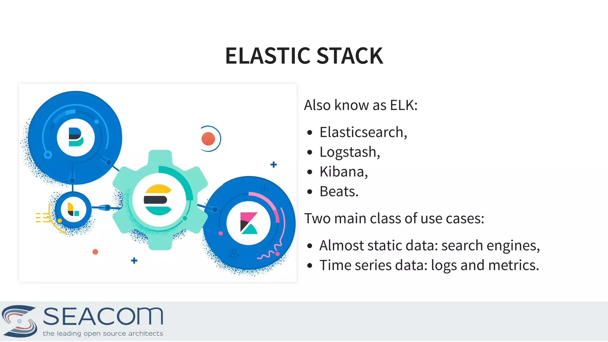 ELASTIC STACKELASTIC STACK Also know as ELK: Elasticsearch, Logstash, Kibana, Beats. Two main class of use cases: Almost static data: search engines, Time series data: logs and metrics. 4 