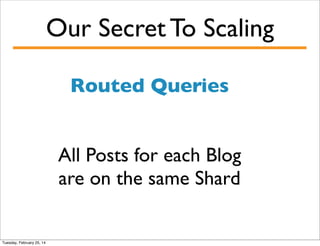 Our Secret To Scaling
Routed Queries
All Posts for each Blog
are on the same Shard

Tuesday, February 25, 14

 