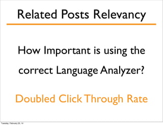 Related Posts Relevancy
How Important is using the
correct Language Analyzer?
Doubled Click Through Rate
Tuesday, February 25, 14

 