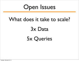 Open Issues
What does it take to scale?
3x Data
5x Queries

Tuesday, February 25, 14

 