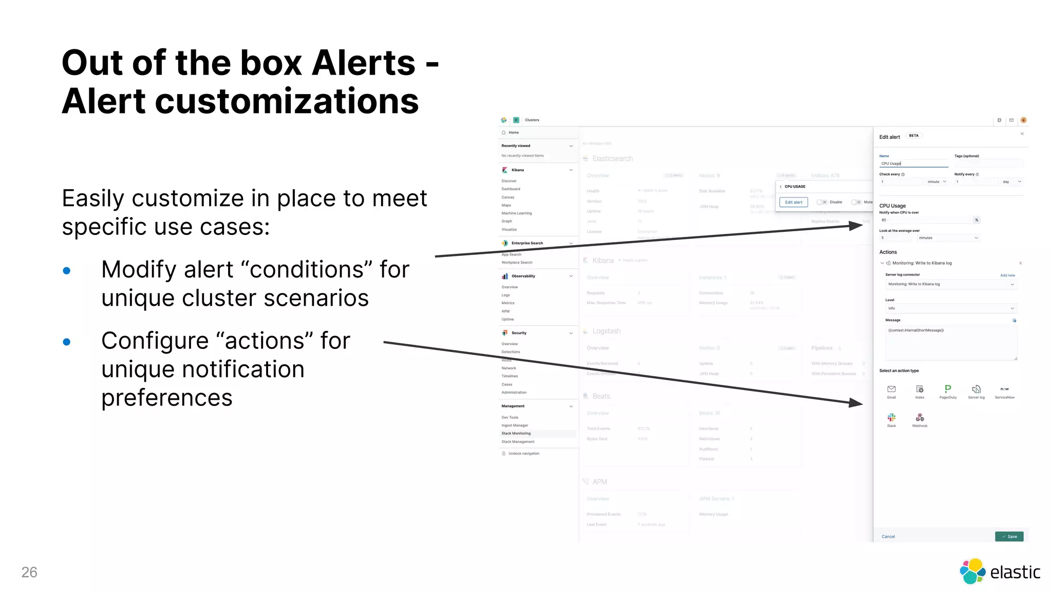 26
Easily customize in place to meet
specific use cases:
• Modify alert “conditions” for
unique cluster scenarios
• Configure “actions” for
unique notification
preferences
Out of the box Alerts -
Alert customizations
 