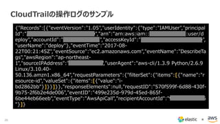 20 ×
{"Records":[{"eventVersion":"1.05","userIdentity":{"type":"IAMUser","principal
Id":"AIDAJWI3XZEUUMG6MUJNO","arn":"arn:aws:iam::930021801196:user/d
eploy","accountId":"930021801196","accessKeyId":"AKIAJSFVI6UIWJH3UBGQ",
"userName":"deploy"},"eventTime":"2017-08-
22T00:21:45Z","eventSource":"ec2.amazonaws.com","eventName":"DescribeTa
gs","awsRegion":"ap-northeast-
1","sourceIPAddress":"122.208.2.42","userAgent":"aws-cli/1.3.9 Python/2.6.9
Linux/3.10.40-
50.136.amzn1.x86_64","requestParameters":{"filterSet":{"items":[{"name":"r
esource-id","valueSet":{"items":[{"value":"i-
bd2862bb"}]}}]}},"responseElements":null,"requestID":"570f599f-6d88-430f-
9b75-2f6b2e4de006","eventID":"499e235d-979d-45ed-865f-
6be44eb66eeb","eventType":"AwsApiCall","recipientAccountId":"930021801196
"}]}
CloudTrailの操作ログのサンプル
 