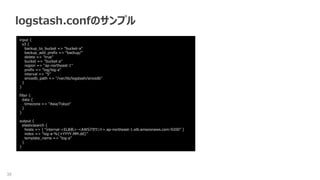 35 ×
logstash.confのサンプル
input {
s3 {
backup_to_bucket => “bucket-a"
backup_add_prefix => “backup/"
delete => "true"
bucket => "bucket-a"
region => "ap-northeast-1"
prefix => “log/log-a"
interval => "5"
sincedb_path => "/var/lib/logstash/sincedb"
}
}
filter {
date {
timezone => "Asia/Tokyo“
}
}
output {
elasticsearch {
hosts => [ “internal-<ELB名>-<AWSアカウント>.ap-northeast-1.elb.amazonaws.com:9200" ]
index => “log-a-%{+YYYY.MM.dd}"
template_name => "log-a"
}
}
 
