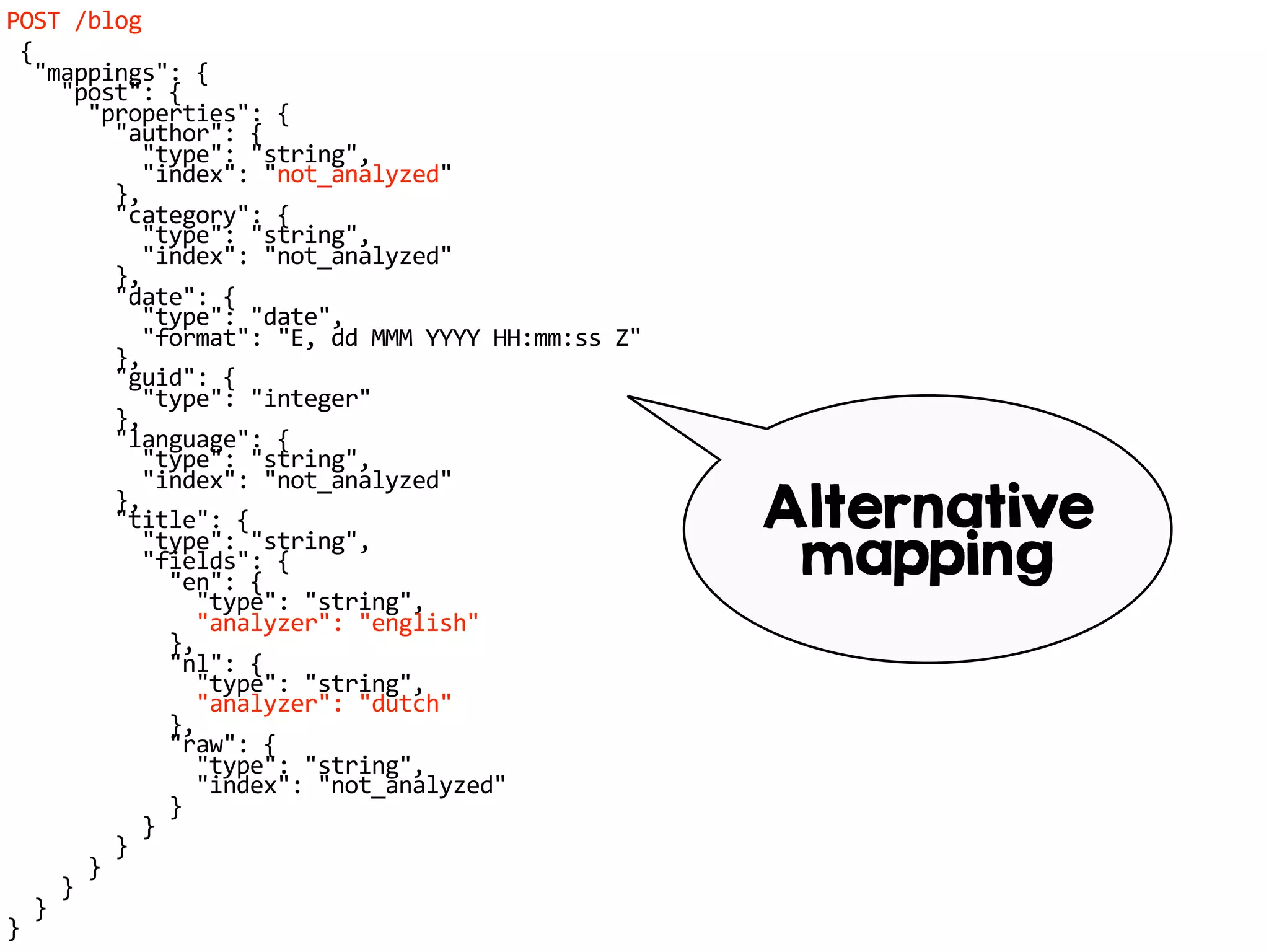 POST /blog
{
"mappings": {
"post": {
"properties": {
"author": {
"type": "string",
"index": "not_analyzed"
},
"category": {
"type": "string",
"index": "not_analyzed"
},
"date": {
"type": "date",
"format": "E, dd MMM YYYY HH:mm:ss Z"
},
"guid": {
"type": "integer"
},
"language": {
"type": "string",
"index": "not_analyzed"
},
"title": {
"type": "string",
"fields": {
"en": {
"type": "string",
"analyzer": "english"
},
"nl": {
"type": "string",
"analyzer": "dutch"
},
"raw": {
"type": "string",
"index": "not_analyzed"
}
}
}
}
}
}
}
Alternative
mapping
 