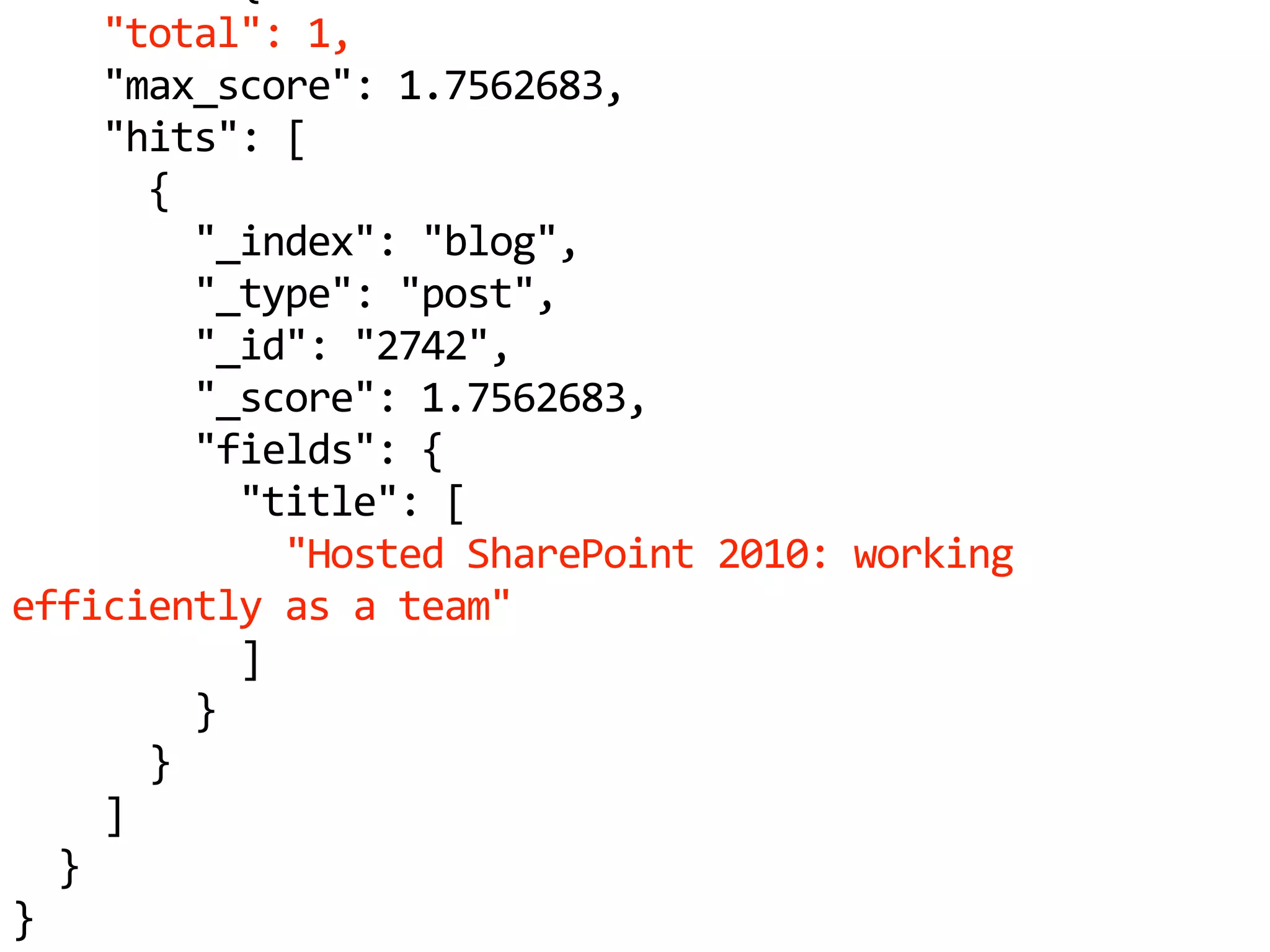 "total": 1,
"max_score": 1.7562683,
"hits": [
{
"_index": "blog",
"_type": "post",
"_id": "2742",
"_score": 1.7562683,
"fields": {
"title": [
"Hosted SharePoint 2010: working
efficiently as a team"
]
}
}
]
}
}
 
