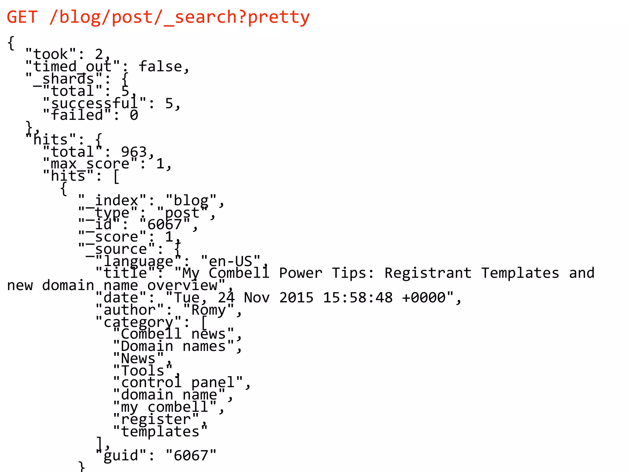 GET /blog/post/_search?pretty
{
"took": 2,
"timed_out": false,
"_shards": {
"total": 5,
"successful": 5,
"failed": 0
},
"hits": {
"total": 963,
"max_score": 1,
"hits": [
{
"_index": "blog",
"_type": "post",
"_id": "6067",
"_score": 1,
"_source": {
"language": "en-US",
"title": "My Combell Power Tips: Registrant Templates and
new domain name overview",
"date": "Tue, 24 Nov 2015 15:58:48 +0000",
"author": "Romy",
"category": [
"Combell news",
"Domain names",
"News",
"Tools",
"control panel",
"domain name",
"my combell",
"register",
"templates"
],
"guid": "6067"
 
