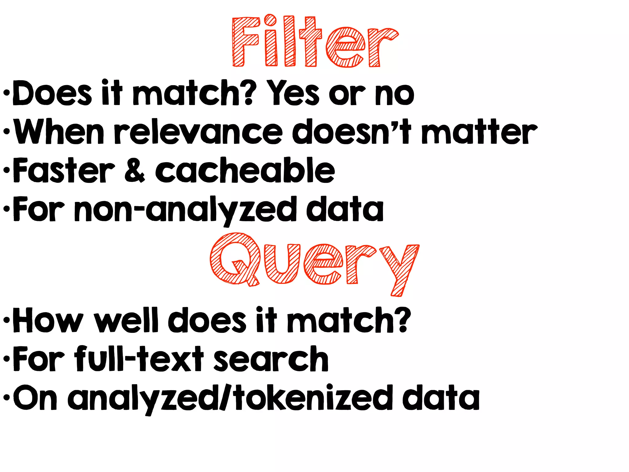 Filter
•Does it match? Yes or no
•When relevance doesn’t matter
•Faster & cacheable
•For non-analyzed data
Query
•How well does it match?
•For full-text search
•On analyzed/tokenized data
 