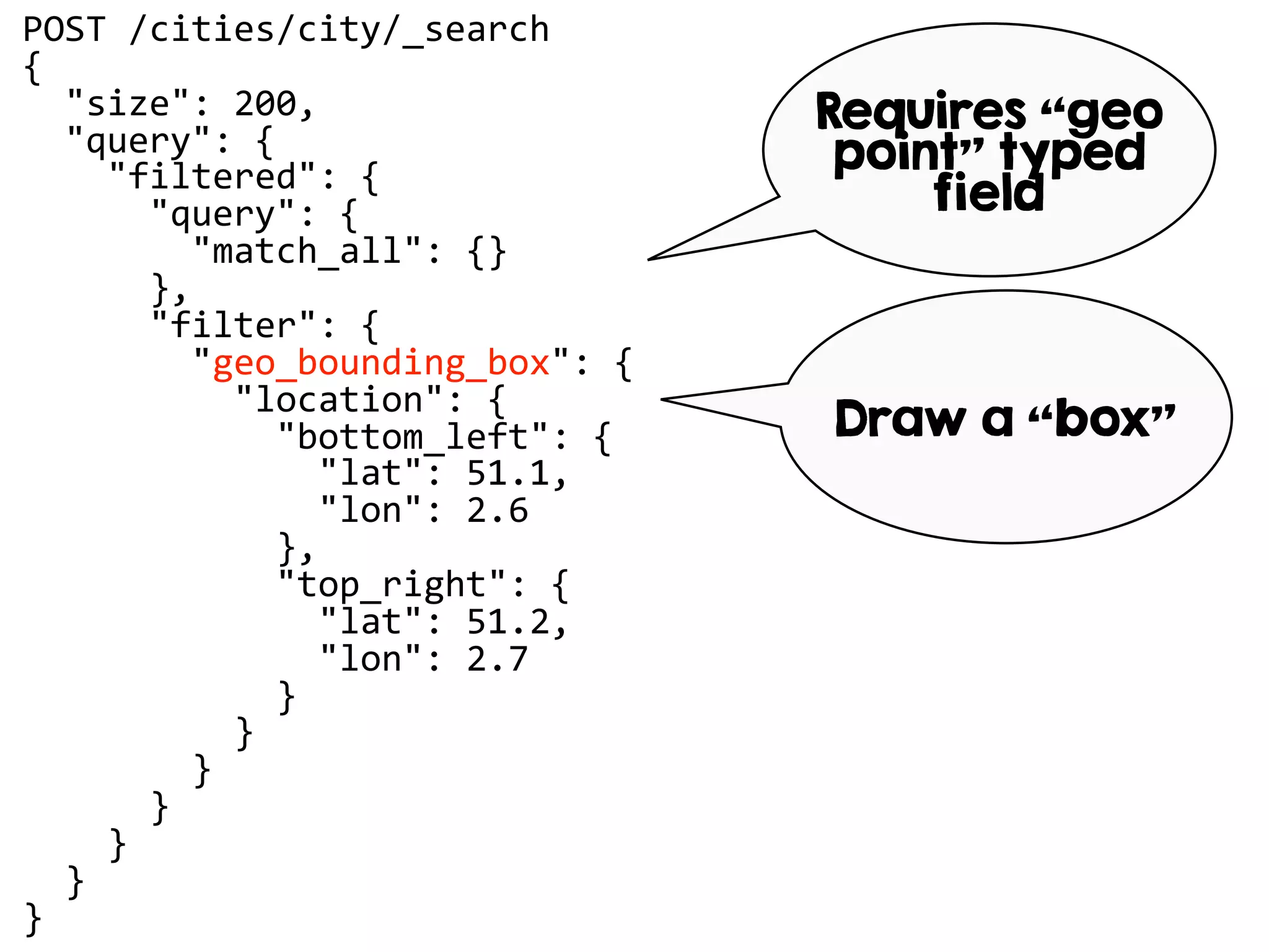 POST /cities/city/_search
{
"size": 200,
"query": {
"filtered": {
"query": {
"match_all": {}
},
"filter": {
"geo_bounding_box": {
"location": {
"bottom_left": {
"lat": 51.1,
"lon": 2.6
},
"top_right": {
"lat": 51.2,
"lon": 2.7
}
}
}
}
}
}
}
Requires “geo
point” typed
field
Draw a “box”
 
