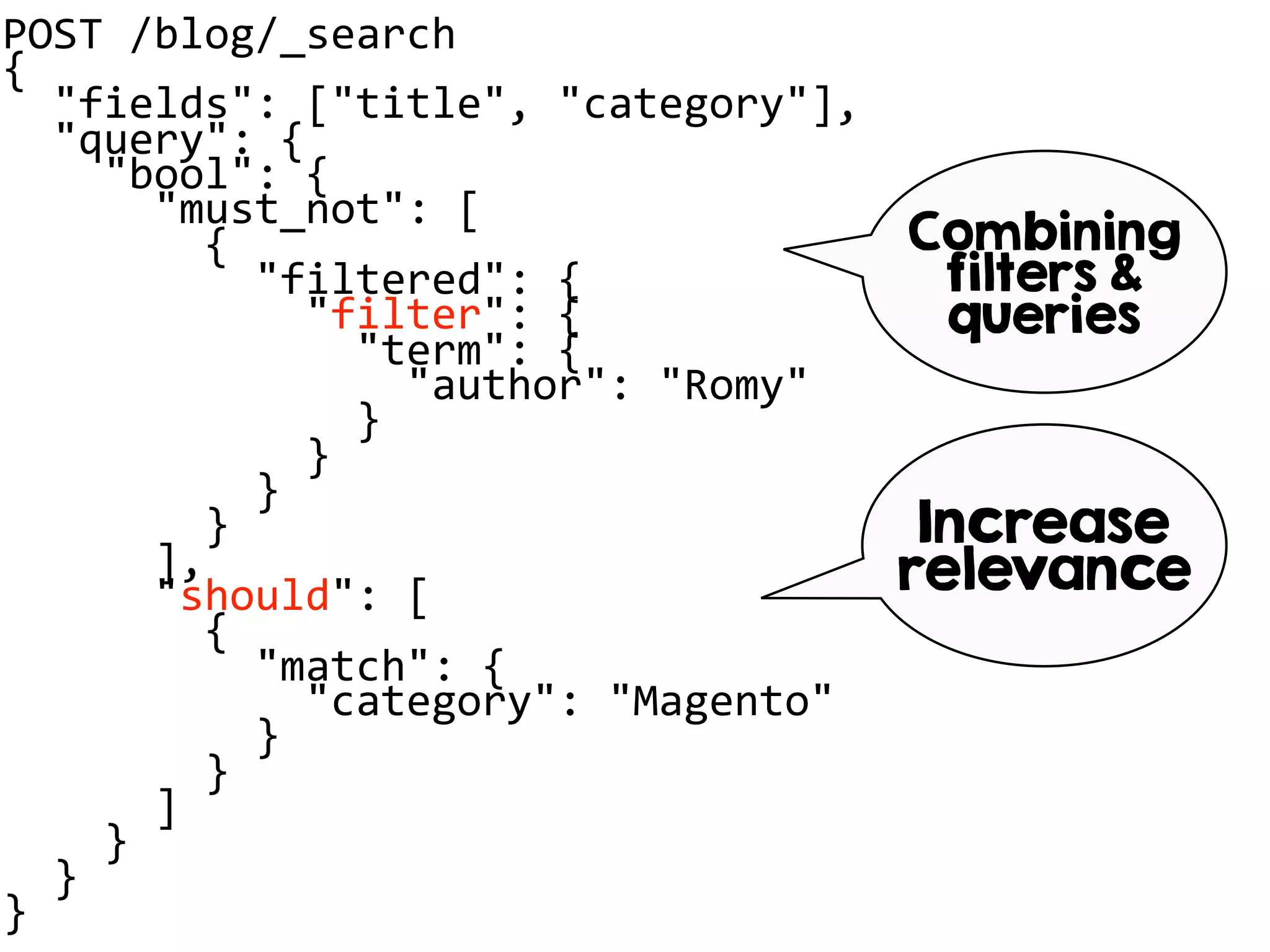 POST /blog/_search
{
"fields": ["title", "category"],
"query": {
"bool": {
"must_not": [
{
"filtered": {
"filter": {
"term": {
"author": "Romy"
}
}
}
}
],
"should": [
{
"match": {
"category": "Magento"
}
}
]
}
}
}
Increase
relevance
Combining
filters &
queries
 