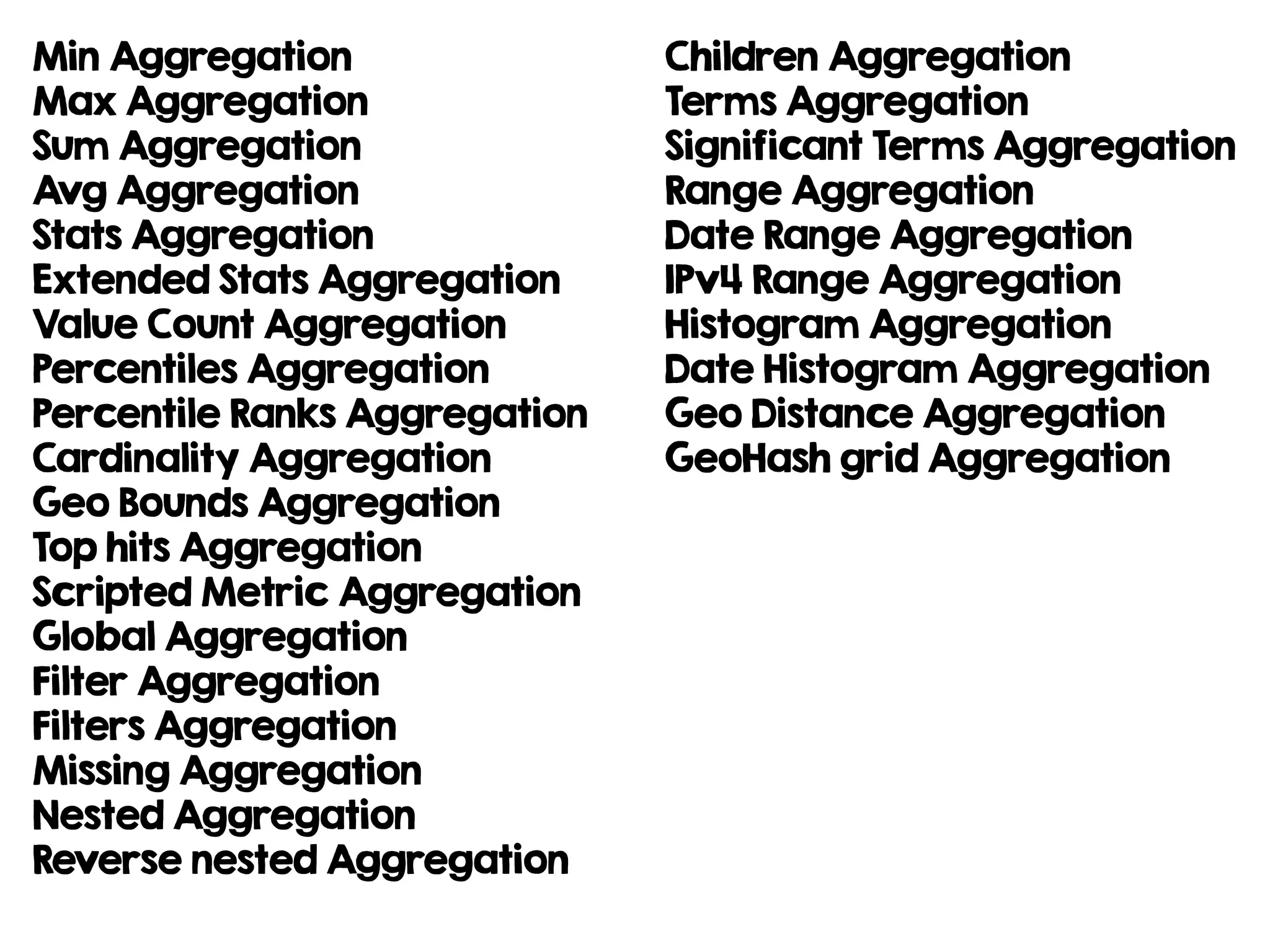 Min Aggregation
Max Aggregation
Sum Aggregation
Avg Aggregation
Stats Aggregation
Extended Stats Aggregation
Value Count Aggregation
Percentiles Aggregation
Percentile Ranks Aggregation
Cardinality Aggregation
Geo Bounds Aggregation
Top hits Aggregation
Scripted Metric Aggregation
Global Aggregation
Filter Aggregation
Filters Aggregation
Missing Aggregation
Nested Aggregation
Reverse nested Aggregation
Children Aggregation
Terms Aggregation
Significant Terms Aggregation
Range Aggregation
Date Range Aggregation
IPv4 Range Aggregation
Histogram Aggregation
Date Histogram Aggregation
Geo Distance Aggregation
GeoHash grid Aggregation
 