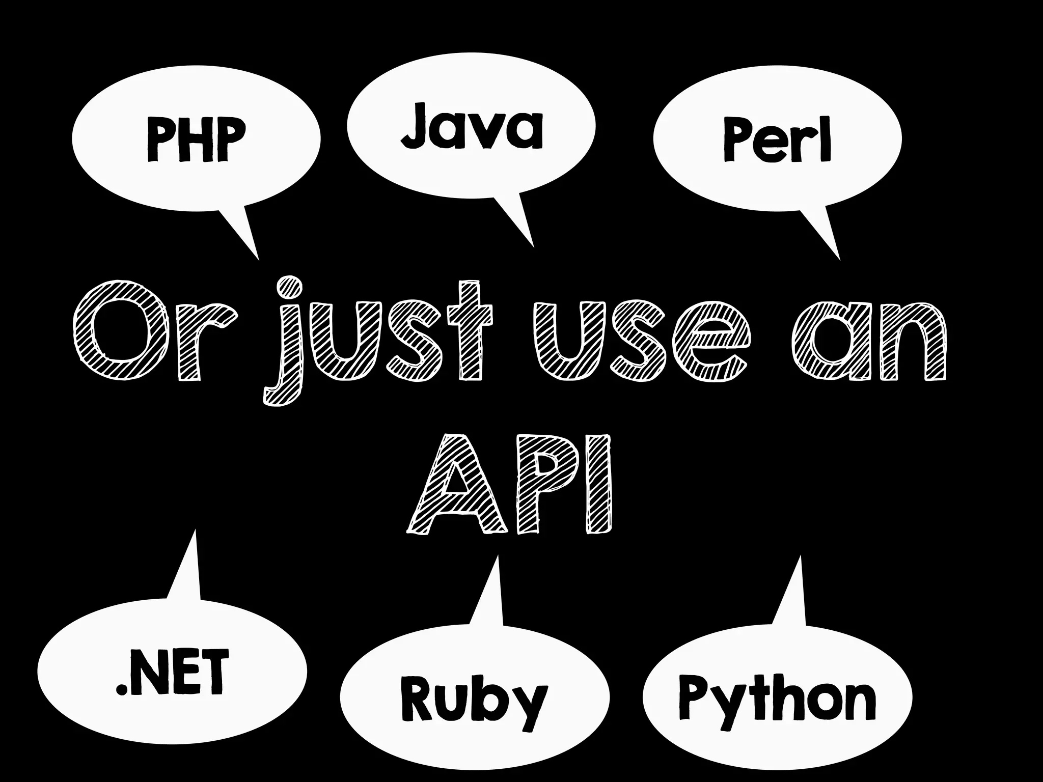 Or just use an
API
PHP Java Perl
PythonRuby.NET
 