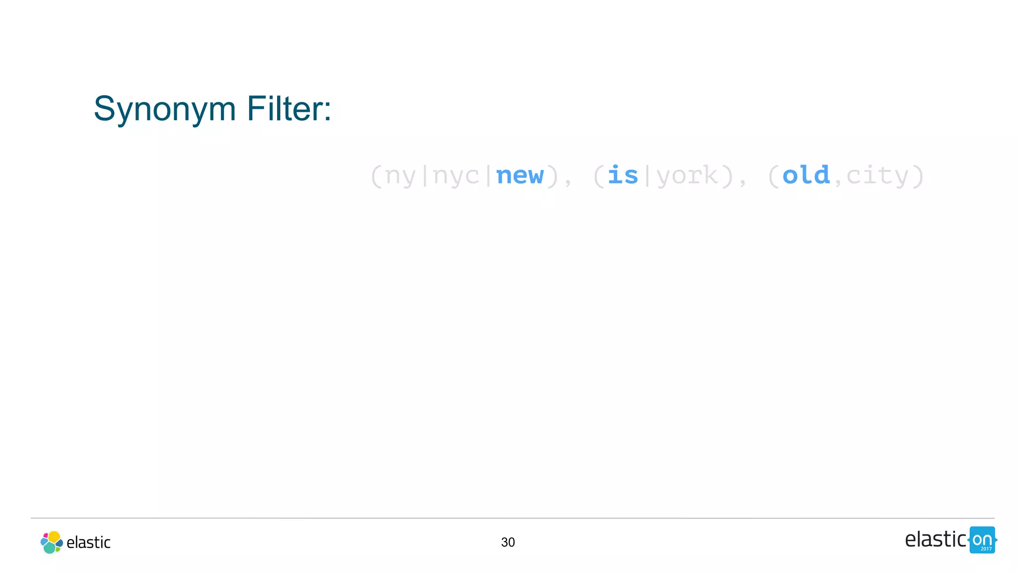 30
Synonym Filter:
(ny|nyc|new), (is|york), (old,city)
 