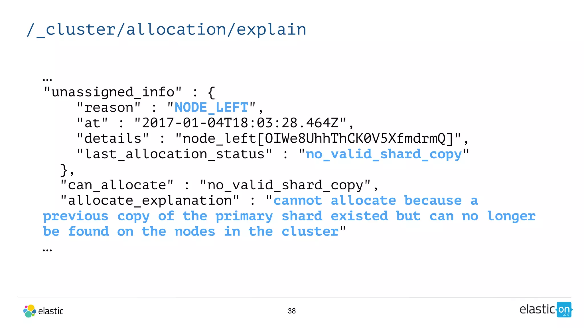 38
/_cluster/allocation/explain
…
"unassigned_info" : {
"reason" : "NODE_LEFT",
"at" : "2017-01-04T18:03:28.464Z",
"details" : "node_left[OIWe8UhhThCK0V5XfmdrmQ]",
"last_allocation_status" : "no_valid_shard_copy"
},
"can_allocate" : "no_valid_shard_copy",
"allocate_explanation" : "cannot allocate because a
previous copy of the primary shard existed but can no longer
be found on the nodes in the cluster"
…
 