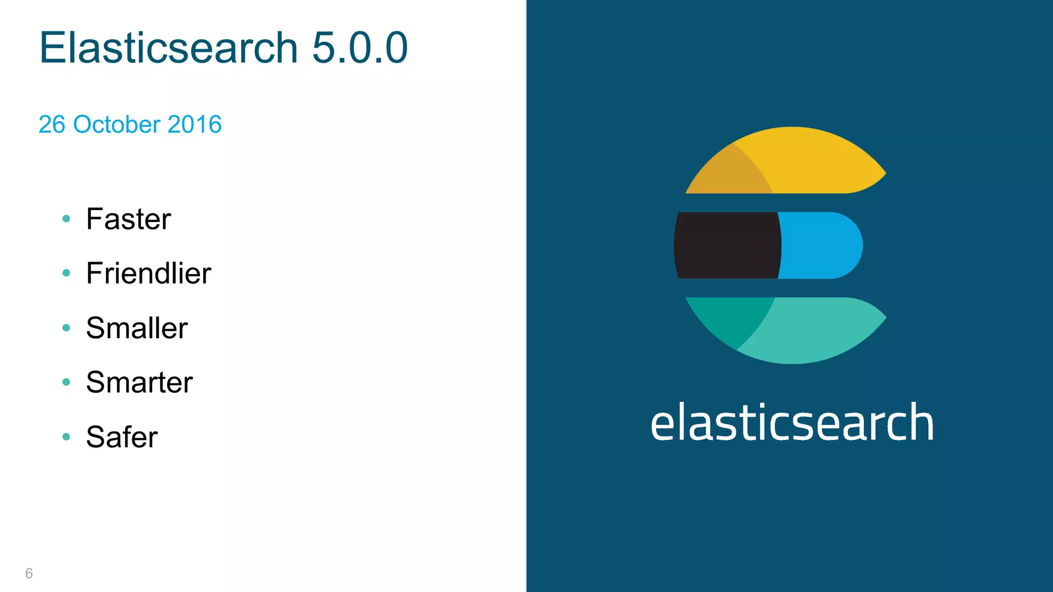 6
• Faster
• Friendlier
• Smaller
• Smarter
• Safer
26 October 2016
Elasticsearch 5.0.0
 