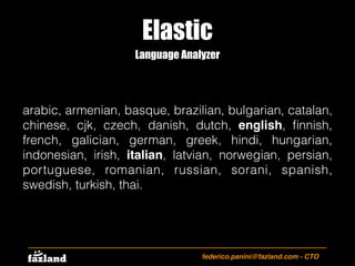 Elastic
federico.panini@fazland.com - CTO
Language Analyzer
arabic, armenian, basque, brazilian, bulgarian, catalan,
chine...
