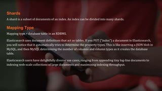 Shards
A shard is a subset of documents of an index. An index can be divided into many shards.
Mapping Type
Mapping type = database table in an RDBMS.
Elasticsearch uses document definitions that act as tables. If you PUT (“index”) a document in Elasticsearch,
you will notice that it automatically tries to determine the property types. This is like inserting a JSON blob in
MySQL, and then MySQL determining the number of columns and column types as it creates the database
table.
Elasticsearch users have delightfully diverse use cases, ranging from appending tiny log-line documents to
indexing web-scale collections of large documents and maximizing indexing throughput.
 