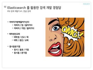 Elasticsearch 를 활용한 검색 개발 경험담
POI 검색 개발기 #1. 한글 검색
02
• 아버지가방에들어가신다
• 아버지 / 방 / 들어가다
• 아버지 / 가방 / 들어가다
• 대학생선교회
• 대학생 / 선교 / 회
• 대학 / 생선 / 교회
• 동시흥분기점
• 동시 / 흥분 / 기점
• 동시흥 / 분기점
 