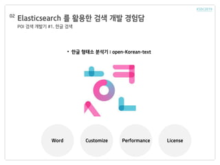 Elasticsearch 를 활용한 검색 개발 경험담
POI 검색 개발기 #1. 한글 검색
02
• 한글 형태소 분석기 : open-Korean-text
Word Customize Performance License
 