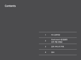 Contents
1 POI 검색이란
2
Elasticsearch 를 활용한
검색 개발 경험담
3 검색 서비스의 미래
4 Q&A
 