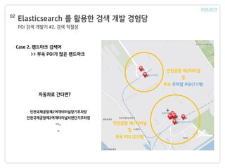 Elasticsearch 를 활용한 검색 개발 경험담
POI 검색 개발기 #2. 검색 적절성
02
Case 2. 랜드마크 검색어
>> 부속 POI가 많은 랜드마크
인천공항 제2터미널
및
부속 주차장 POI(11개)
인천공항 제1터미널
및
부속 POI (25개)
자동차로 간다면?
인천국제공항제2여객터미널장기주차장
인천국제공항제2여객터미널서편단기주차장
…..
..
 