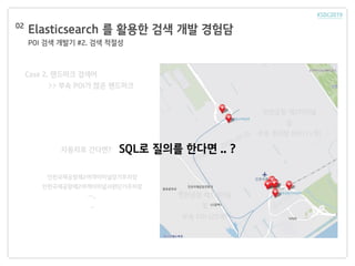 Elasticsearch 를 활용한 검색 개발 경험담
POI 검색 개발기 #2. 검색 적절성
02
Case 2. 랜드마크 검색어
>> 부속 POI가 많은 랜드마크
인천공항 제2터미널
및
부속 주차장 POI(11개)
인천공항 제1터미널
및
부속 POI (25개)
자동차로 간다면?
인천국제공항제2여객터미널장기주차장
인천국제공항제2여객터미널서편단기주차장
…..
..
SQL로 질의를 한다면 .. ?
 