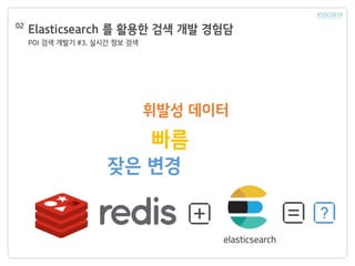 Elasticsearch 를 활용한 검색 개발 경험담
POI 검색 개발기 #3. 실시간 정보 검색
02
휘발성 데이터
빠름
잦은 변경
 