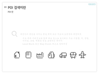 POI 검색이란01
특정인이 관심을 가지는 현실 세계 또는 지도나 도면상의 특정위치
지도 위에 지리정보와 함께 좌표 등으로 표시되는 주요 시설물, 역, 공항,
터미널, 호텔, 백화점 등을 표현하는 데이터
Land Mark 또는 Way Point 라고도 말하여짐
POI 란
 