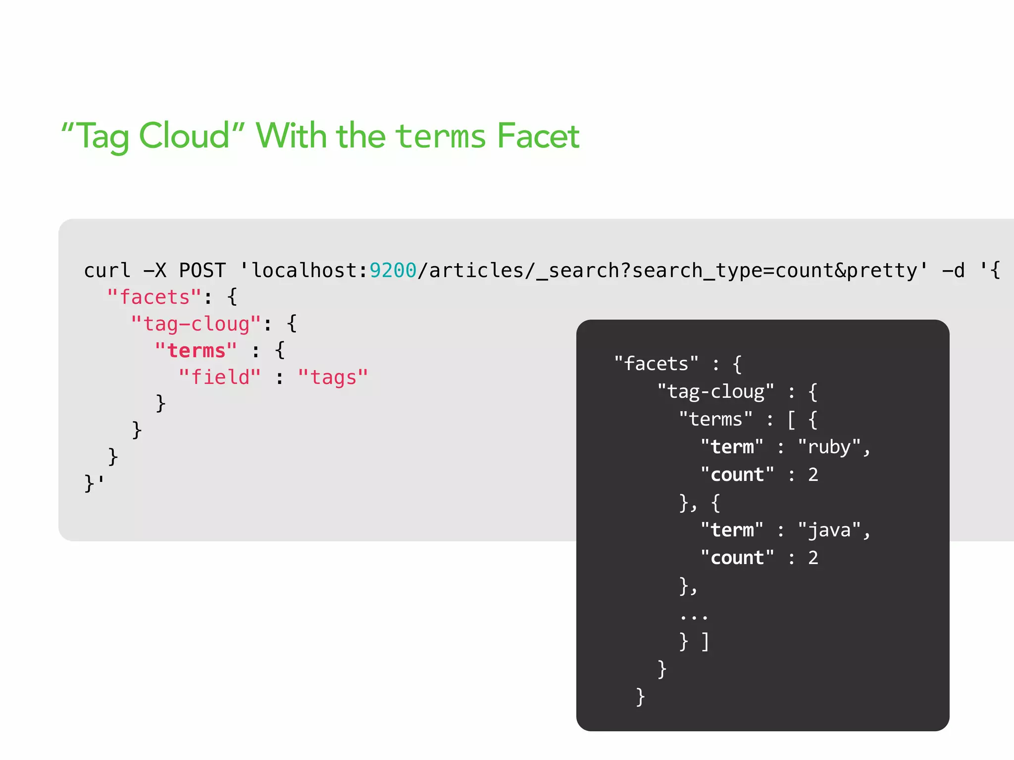 curl -X POST 'localhost:9200/articles/_search?search_type=count&pretty' -d '{
"facets": {
"tag-cloug": {
"terms" : {
"field" : "tags"
}
}
}
}'
“Tag Cloud” With the terms Facet
"facets"  :  {
        "tag-­‐cloug"  :  {
            "terms"  :  [  {
                "term"  :  "ruby",
                "count"  :  2
            },  {
                "term"  :  "java",
                "count"  :  2
            },
            ...
            }  ]
        }
    }
 
