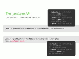 _analyze?pretty&format=text&text=Žluťoučký+kůň+skákal+přes+potok
The _analyze API
[žluťoučký:0-­‐>9:<ALPHANUM>]
nn2:  n[kůň:10-­‐
>13:<ALPHANUM>]nn3:  
n[skákal:14-­‐>20:<ALPHANUM>]
nn4:  n[přes:21-­‐
>25:<ALPHANUM>]nn5:  
n[potok:26-­‐>31:<ALPHANUM>]
_analyze?pretty&format=text&text=Žluťoučký+kůň+skákal+přes
+potok&analyzer=czech
[žluťoučk:0-­‐>9:<ALPHANUM>]n
n2:  n[koň:10-­‐
>13:<ALPHANUM>]nn3:  
n[skákal:14-­‐>20:<ALPHANUM>]
nn5:  n[potok:26-­‐
>31:<ALPHANUM>]n
_analyze?text=...&tokenizer=X&filters=A,B,C
 