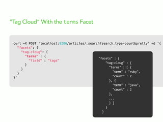 curl -X POST 'localhost:9200/articles/_search?search_type=count&pretty' -d '{
"facets": {
"tag-cloug": {
"terms" : {
"field" : "tags"
}
}
}
}'
“Tag Cloud” With the terms Facet
"facets"  :  {
        "tag-­‐cloug"  :  {
            "terms"  :  [  {
                "term"  :  "ruby",
                "count"  :  2
            },  {
                "term"  :  "java",
                "count"  :  2
            },
            ...
            }  ]
        }
    }
 