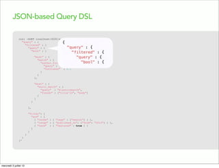 JSON-based Query DSL
curl -XGET localhost:9200/articles/_search -d '{
"query" : {
"filtered" : {
"query" : {
"bool" : {
"m...