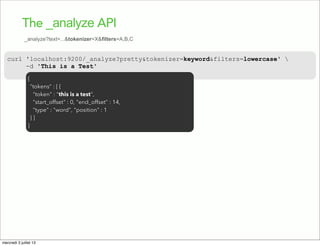 curl 'localhost:9200/_analyze?pretty&tokenizer=keyword&filters=lowercase' 
-d 'This is a Test'
The _analyze API
{
"tokens"...