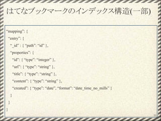 はてなブックマークのインデックス構造(一部)
11
“mapping”: {
“entry”: {
“_id” : { “path”: “id” },
“properties”: {
“id”: { “type”: “integer” },
“url”: { “type”: “string” },
“title”: { “type”: “string” },
“content”: { “type”: “string” },
“created”: { “type”: “date”, “format”: “date_time_no_mills” }
}
}
}
 